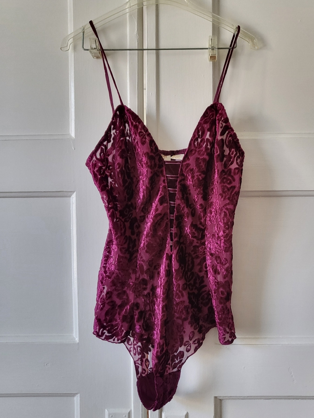 Vintage Victoria's Secret Gold Label Velvet Burnout Bodysuit Purple Sheer Size M